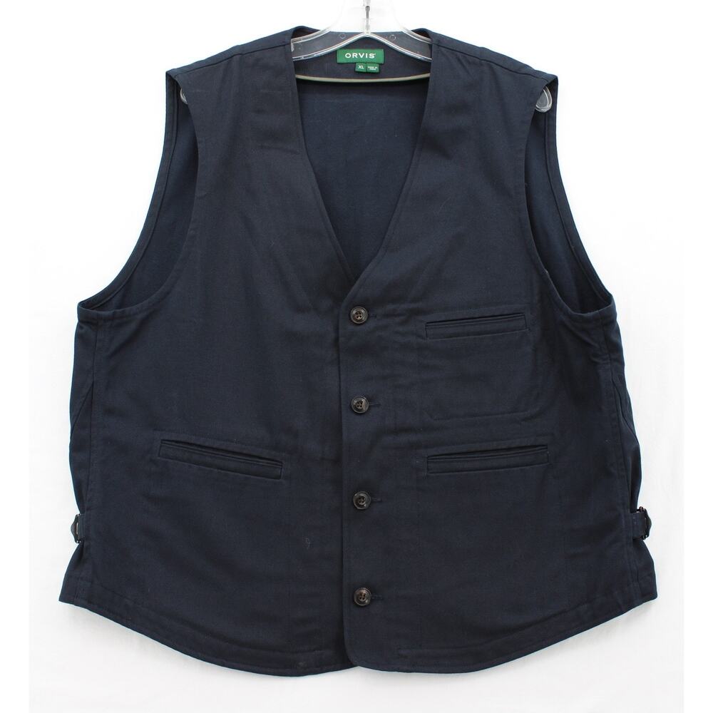Orvis Utility Vest Mens XL Blue Cotton 4 Button Front cinch buckles Outdoors